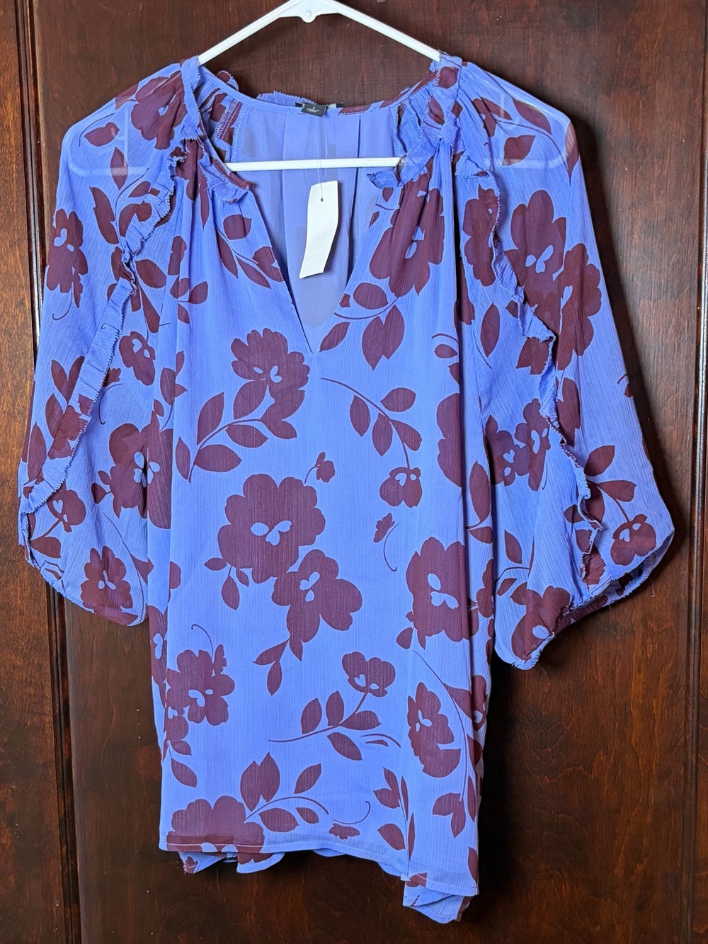 Ann Taylor Blouse Size Large Periwinkle Blue/Burgundy Floral Dolman Lined NWT
